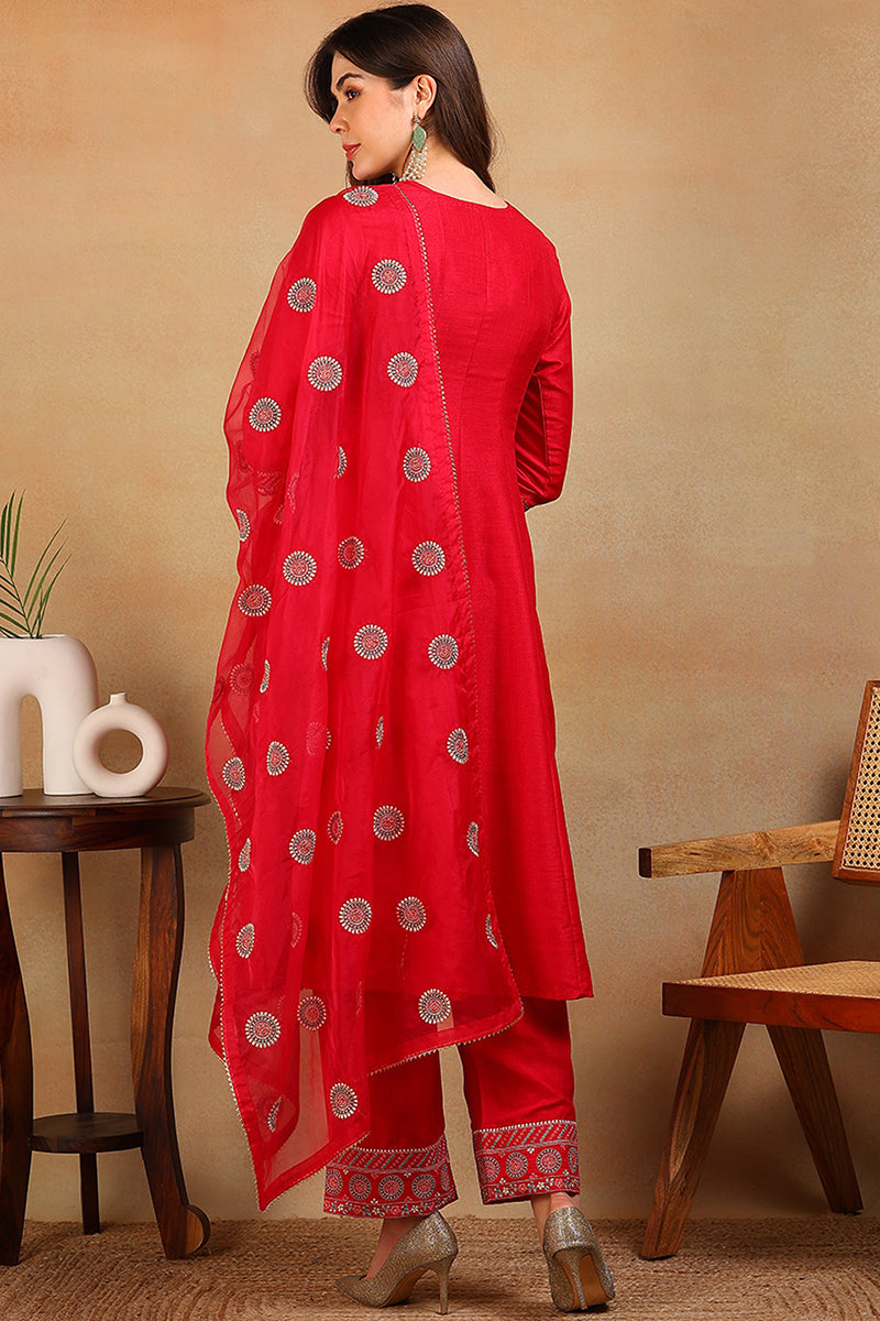 Red-Silk-Blend-Embroidered-Flared-Empire-3-Piece-Kurta-Set