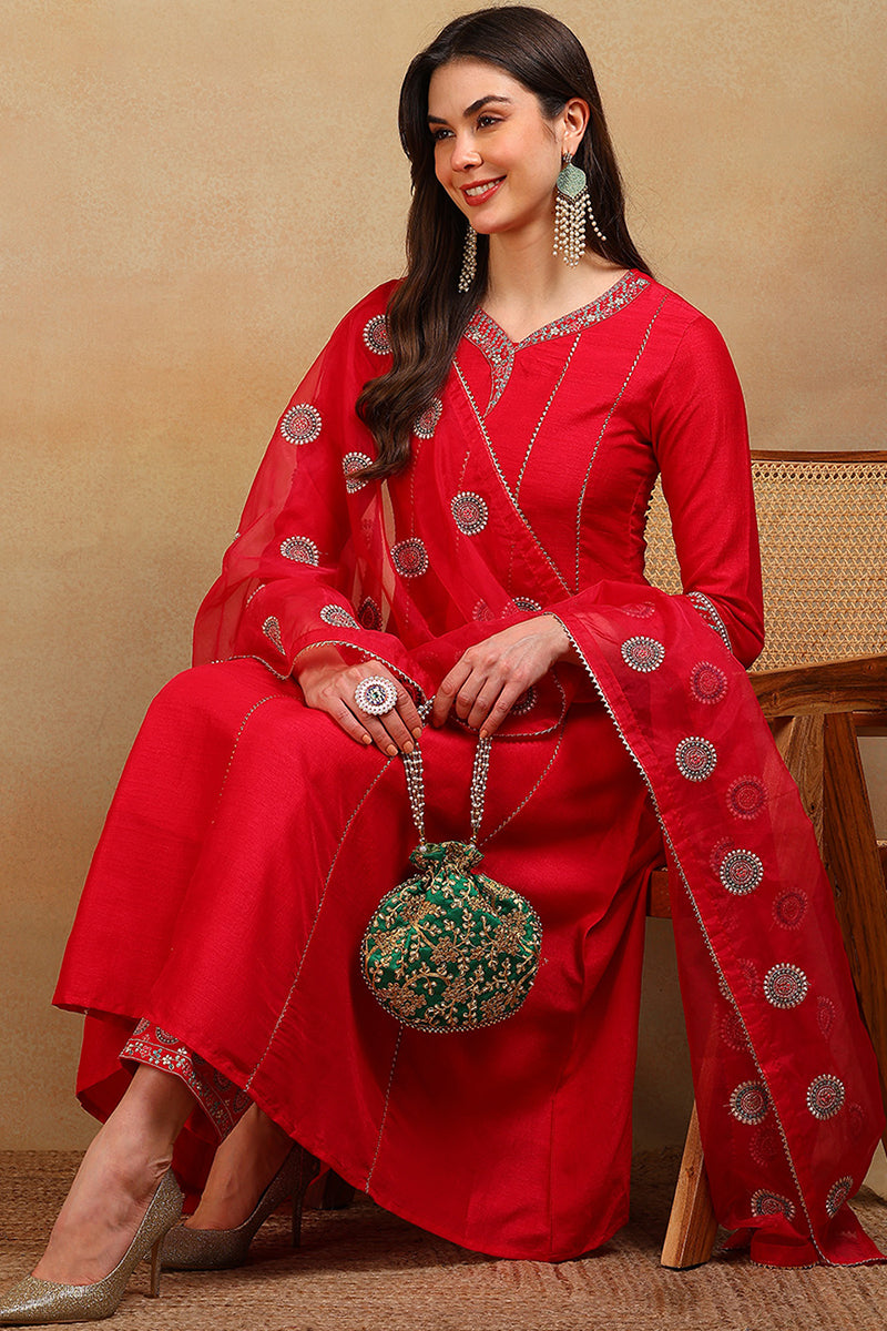 Red-Silk-Blend-Embroidered-Flared-Empire-3-Piece-Kurta-Set