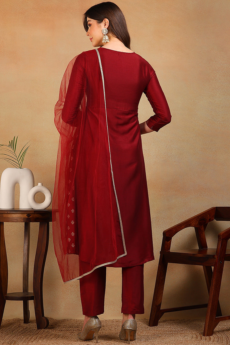 Maroon-Silk-Blend-Solid-Design-Flared-3-Piece-Kurta-Set