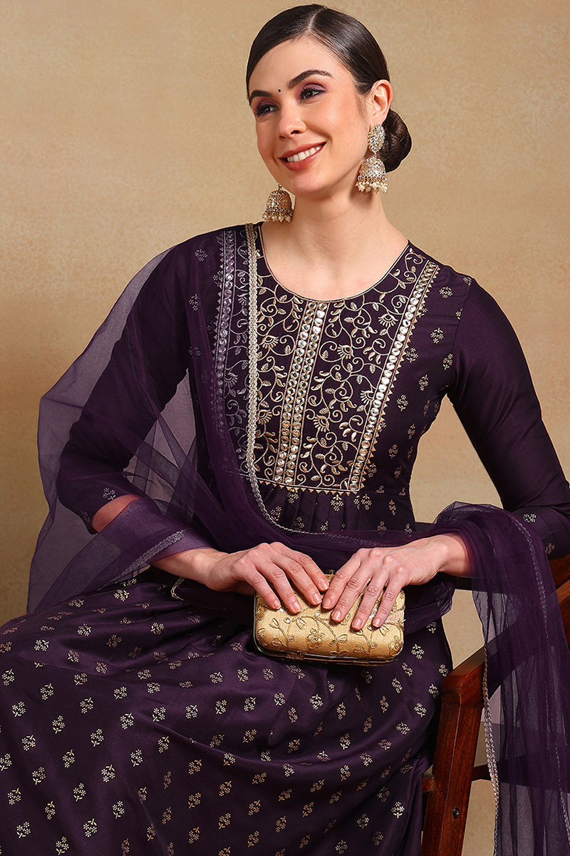 Purple-Silk-Blend-Woven-Design-Flared-Empire-3-Piece-Kurta-Set