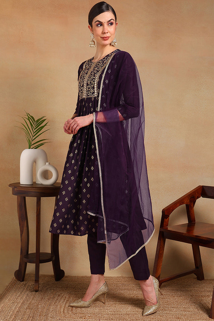 Purple-Silk-Blend-Woven-Design-Flared-Empire-3-Piece-Kurta-Set