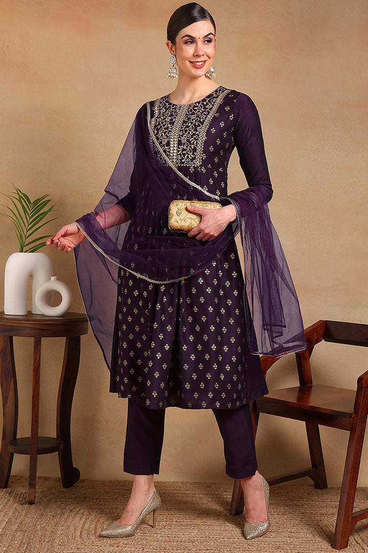 Purple-Silk-Blend-Woven-Design-Flared-Empire-3-Piece-Kurta-Set