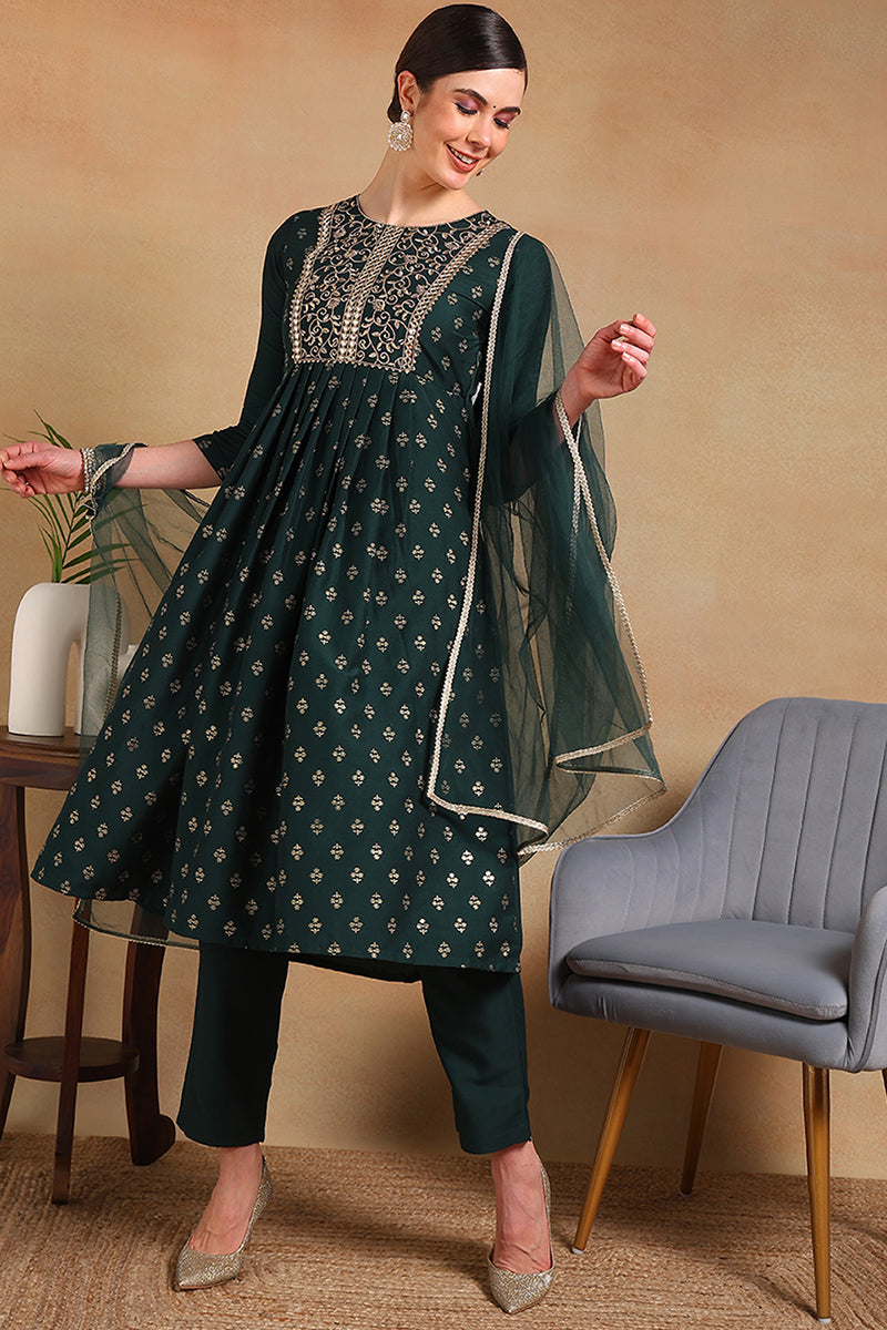 Green-Silk-Blend-Solid-Woven-Design-Flared-3-Piece-Kurta-Set