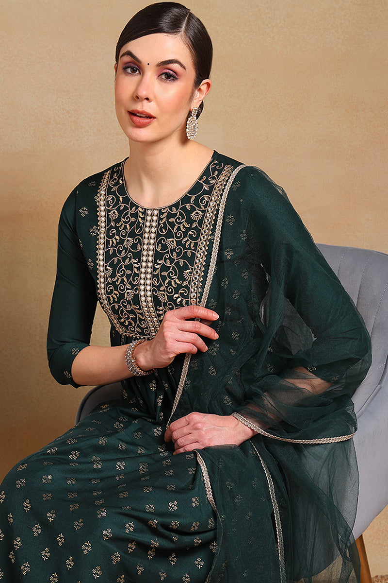 Green-Silk-Blend-Solid-Woven-Design-Flared-3-Piece-Kurta-Set