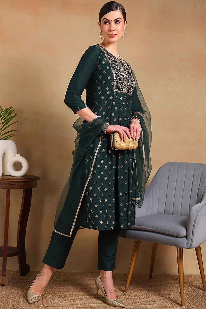 Green-Silk-Blend-Solid-Woven-Design-Flared-3-Piece-Kurta-Set