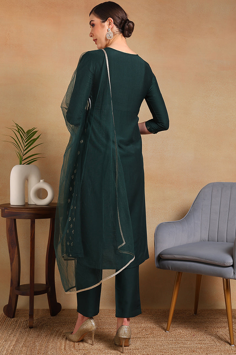 Green-Silk-Blend-Solid-Woven-Design-Flared-3-Piece-Kurta-Set