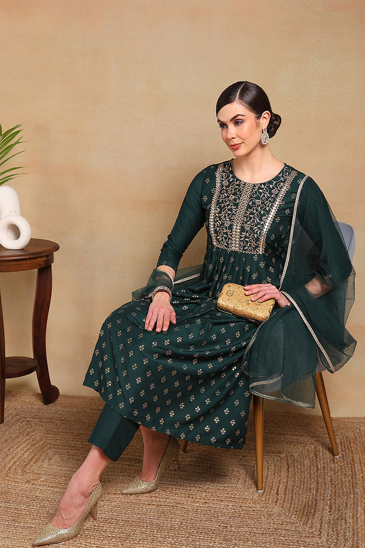 Green-Silk-Blend-Solid-Woven-Design-Flared-3-Piece-Kurta-Set