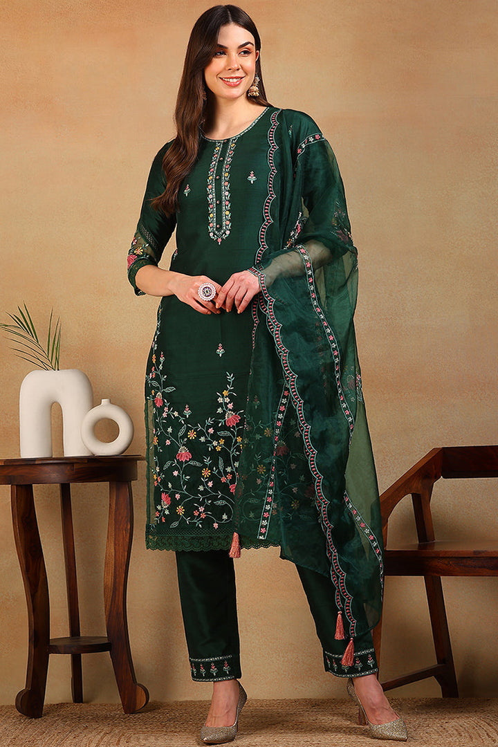 ZERESOUQ-Olive-Green-Silk-Blend-Solid-Embroidered-3-Piece-Kurta-Set