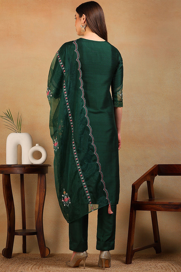 ZERESOUQ-Olive-Green-Silk-Blend-Solid-Embroidered-3-Piece-Kurta-Set
