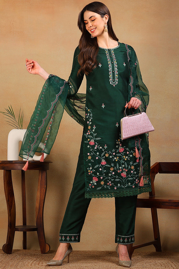 ZERESOUQ-Olive-Green-Silk-Blend-Solid-Embroidered-3-Piece-Kurta-Set