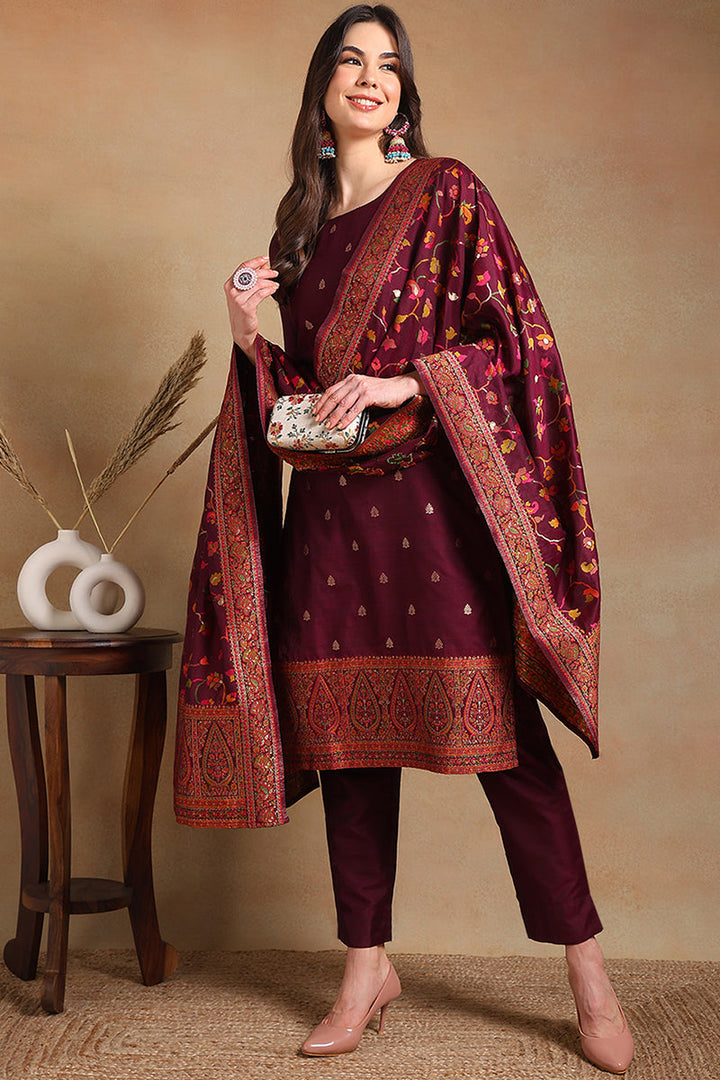 White-Silk-Blend-Embroidered-Straight-3-Piece-Kurta-Set