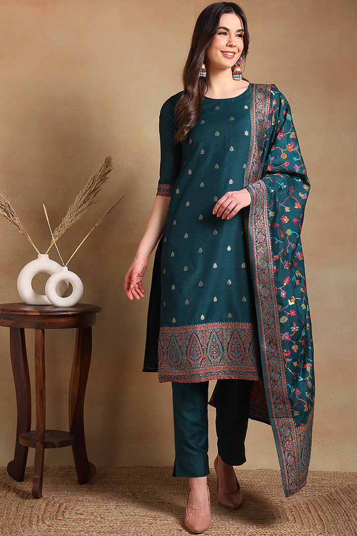 Teal Blue Poly Chanderi Woven Design Straight Suit Set