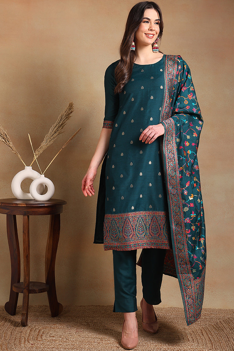 ZERESOUQ-Teal-Blue-Poly-Chanderi-Woven-Design-Straight-Suit-Set