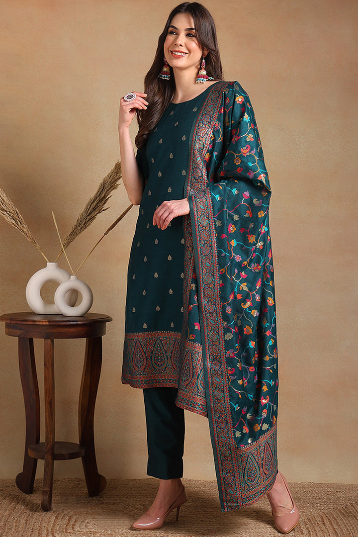 Teal Blue Poly Chanderi Woven Design Straight Suit Set