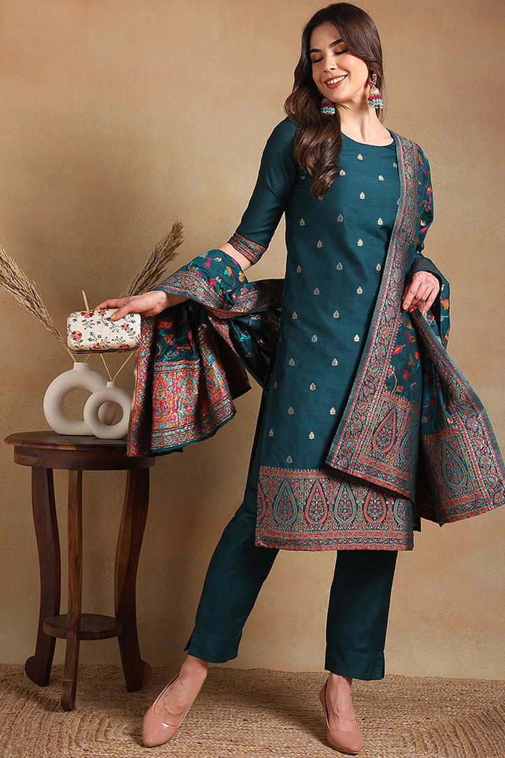 Teal Blue Poly Chanderi Woven Design Straight Suit Set