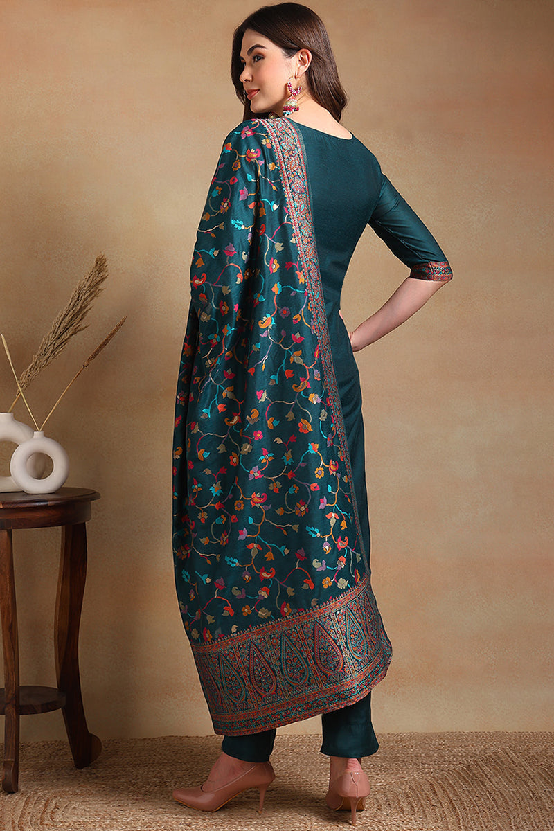 Teal Blue Poly Chanderi Woven Design Straight Suit Set