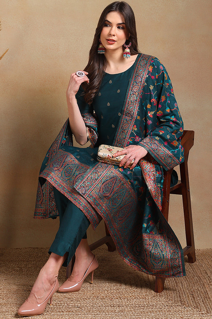 Teal Blue Poly Chanderi Woven Design Straight Suit Set