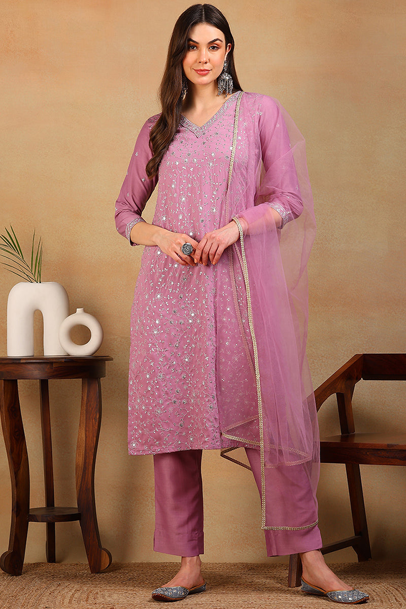 ZERESOUQ-Lavender-Silk-Blend-Solid-Embroidered-3-Piece-Kurta-Set