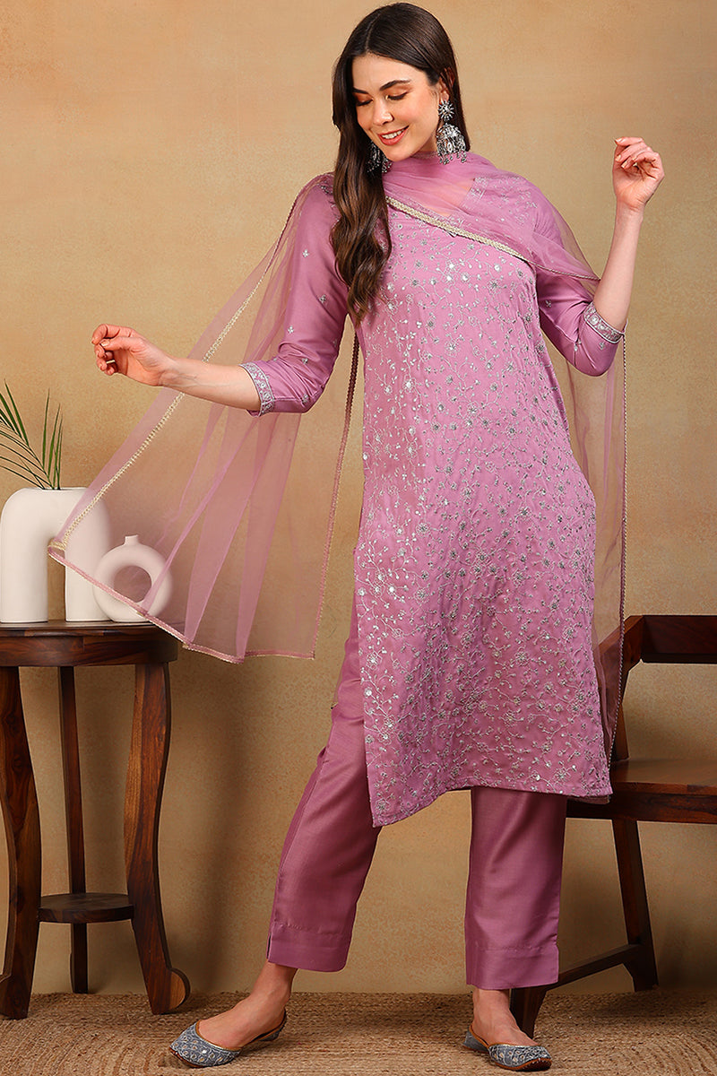 ZERESOUQ-Lavender-Silk-Blend-Solid-Embroidered-3-Piece-Kurta-Set