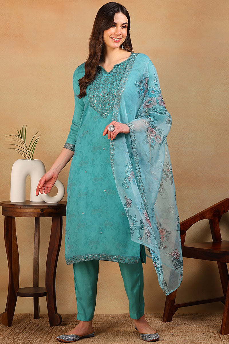 ZERESOUQ-Turquoise-Blue-Organza-Floral-Embroidered-3-Piece-Kurta-Set