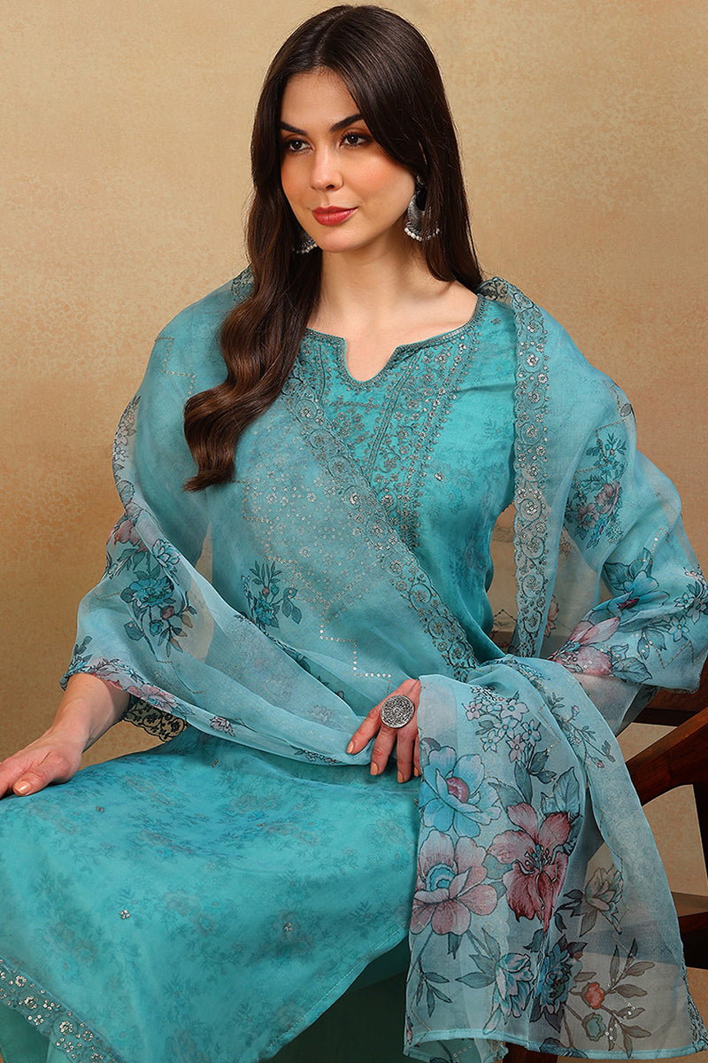 ZERESOUQ-Turquoise-Blue-Organza-Floral-Embroidered-3-Piece-Kurta-Set