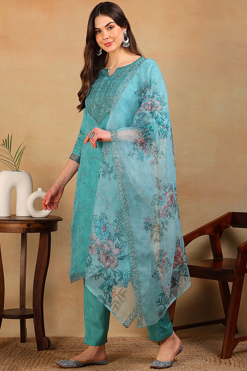 ZERESOUQ-Turquoise-Blue-Organza-Floral-Embroidered-3-Piece-Kurta-Set