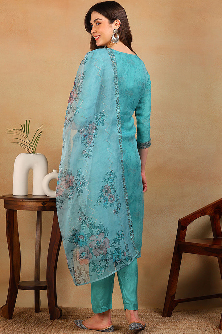 ZERESOUQ-Turquoise-Blue-Organza-Floral-Embroidered-3-Piece-Kurta-Set