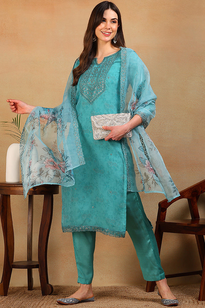 ZERESOUQ-Turquoise-Blue-Organza-Floral-Embroidered-3-Piece-Kurta-Set