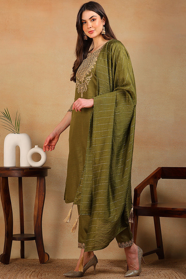 Olive-Silk-Blend-Solid-Embroidered-3-Piece-Kurta-Set