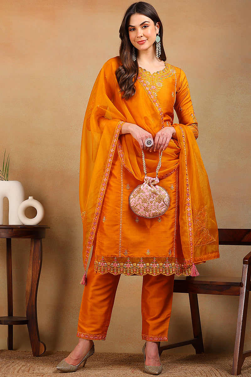 ZERESOUQ-Mustard-Silk-Blend-Solid-Embroidered-3-Piece-Kurta-Set