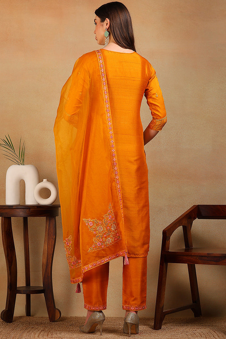 ZERESOUQ-Mustard-Silk-Blend-Solid-Embroidered-3-Piece-Kurta-Set
