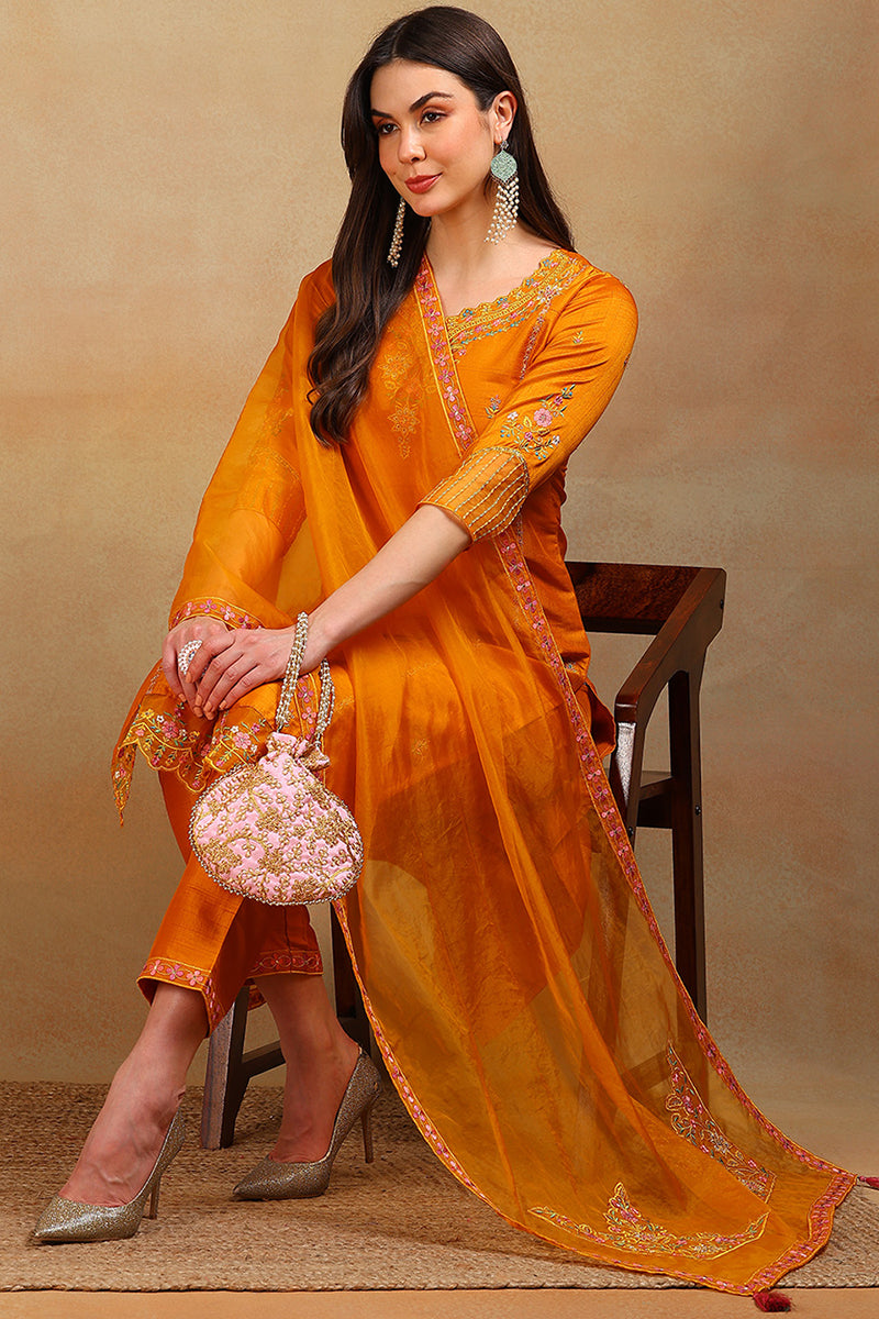 ZERESOUQ-Mustard-Silk-Blend-Solid-Embroidered-3-Piece-Kurta-Set