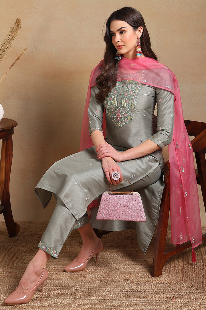 Grey-Silk-Blend-Floral-Embroidered-Straight-3-Piece-Kurta-Set