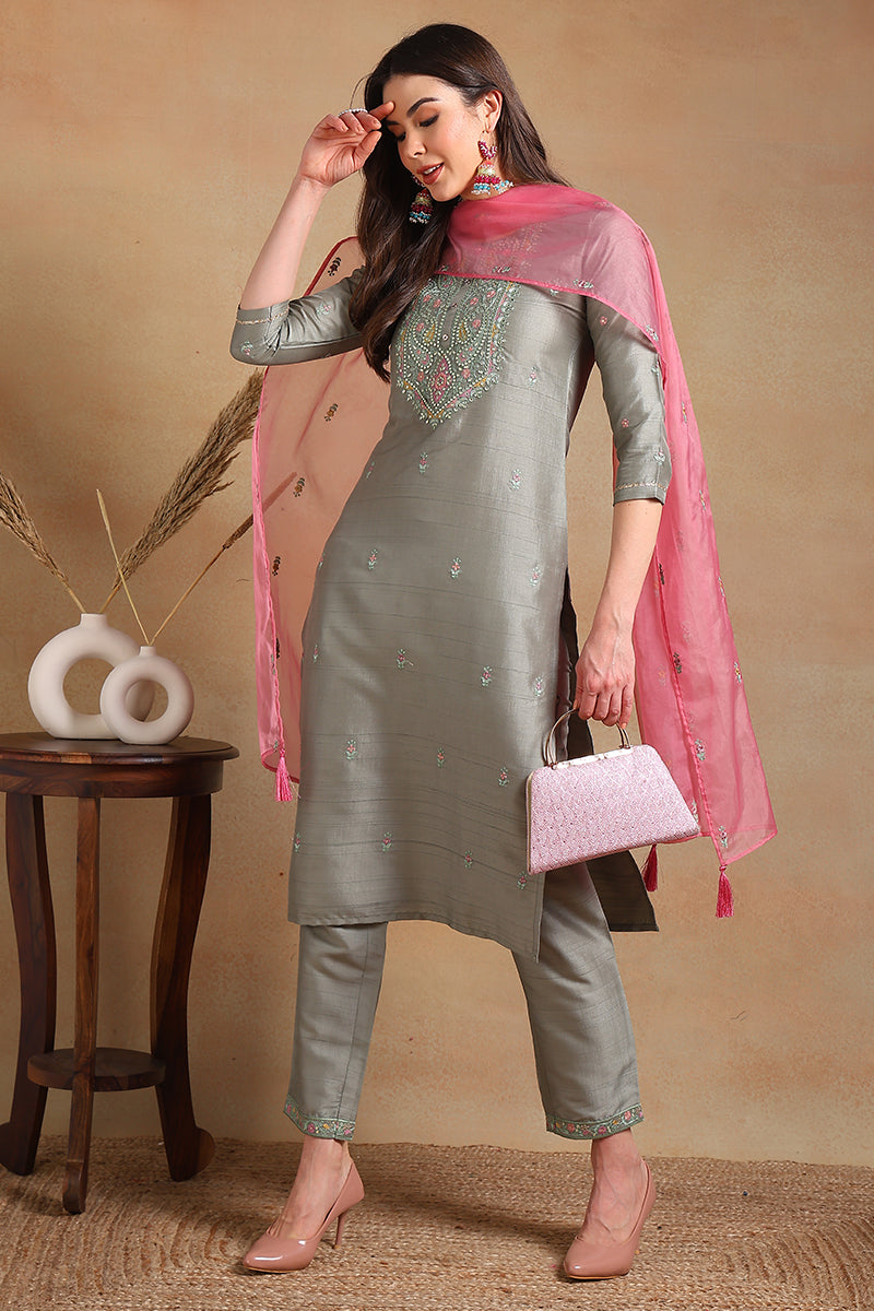 Grey-Silk-Blend-Floral-Embroidered-Straight-3-Piece-Kurta-Set