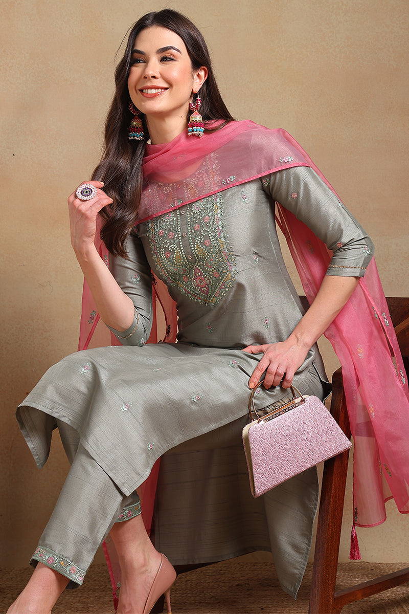 Grey-Silk-Blend-Floral-Embroidered-Straight-3-Piece-Kurta-Set