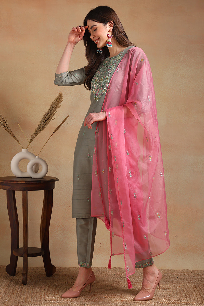 Grey-Silk-Blend-Floral-Embroidered-Straight-3-Piece-Kurta-Set