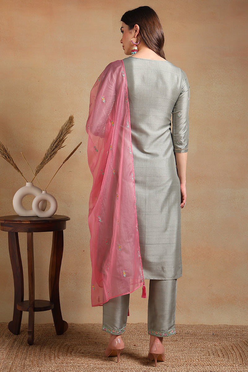 Grey-Silk-Blend-Floral-Embroidered-Straight-3-Piece-Kurta-Set