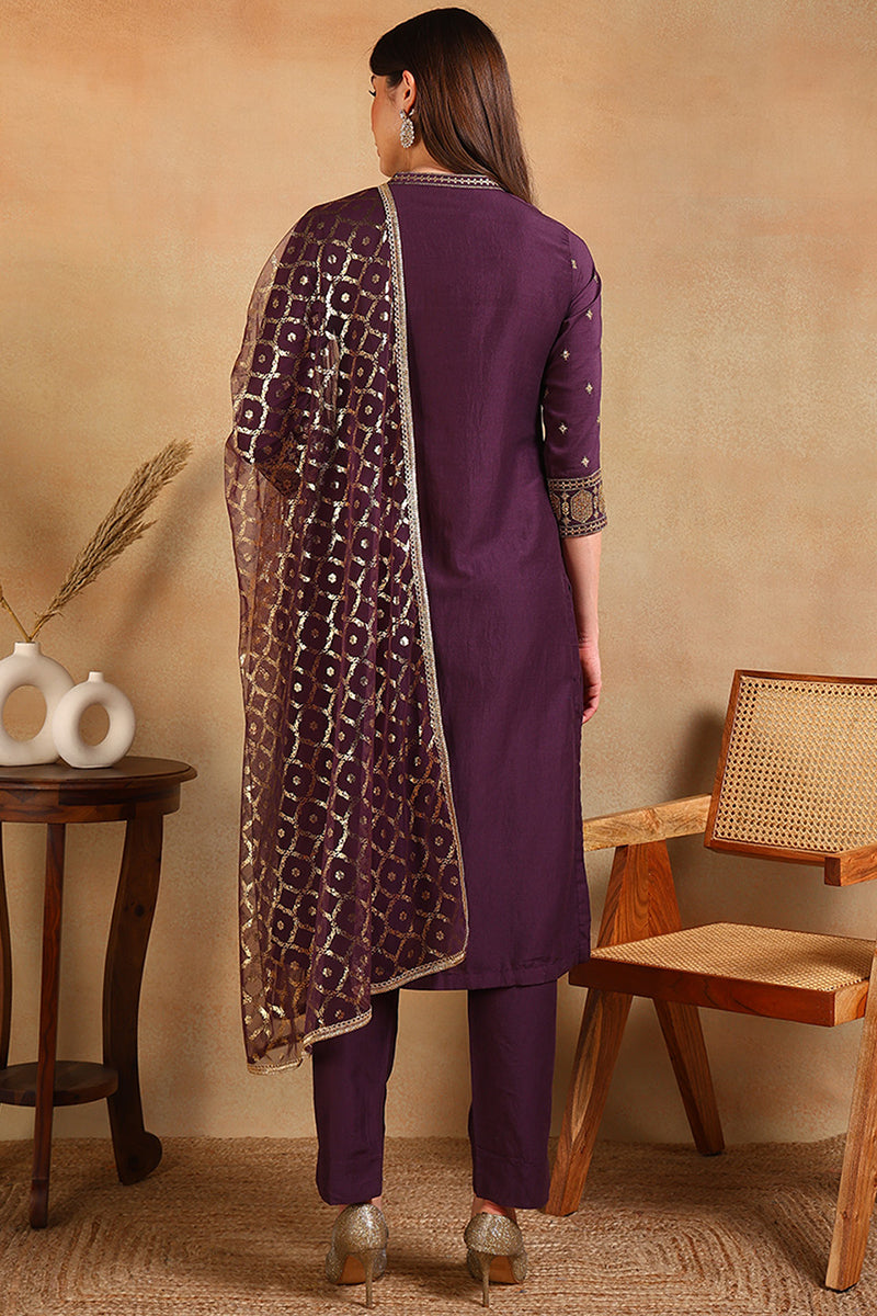 White-Silk-Blend-Embroidered-Straight-3-Piece-Kurta-Set