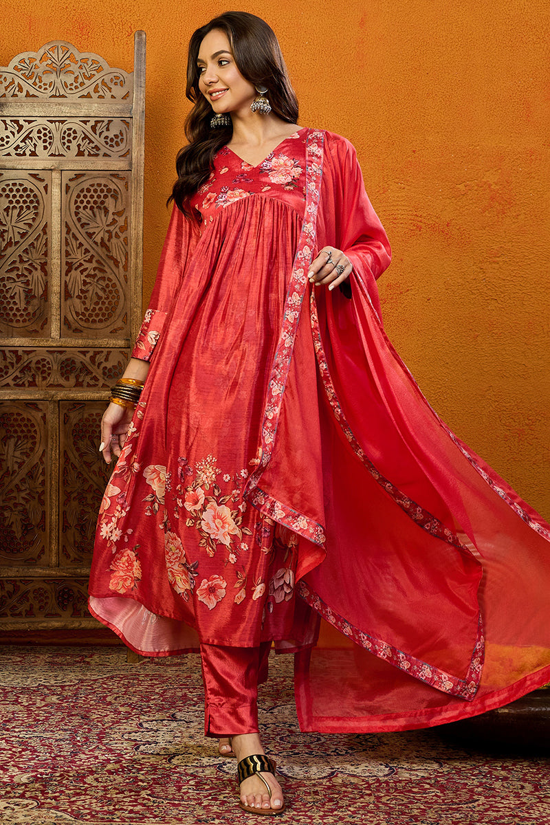 Red-Silk-Blend-Floral-Printed-A-Line-Set