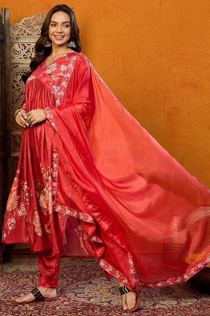 Red-Silk-Blend-Floral-Printed-A-Line-Set