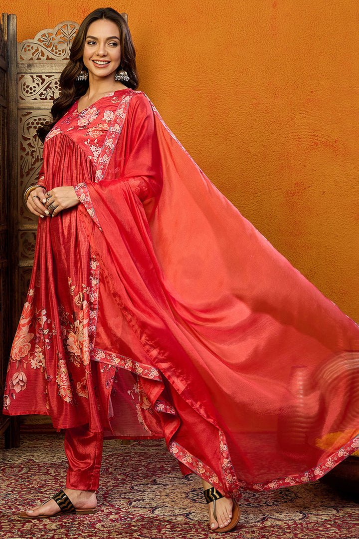 Red-Silk-Blend-Floral-Printed-A-Line-Set