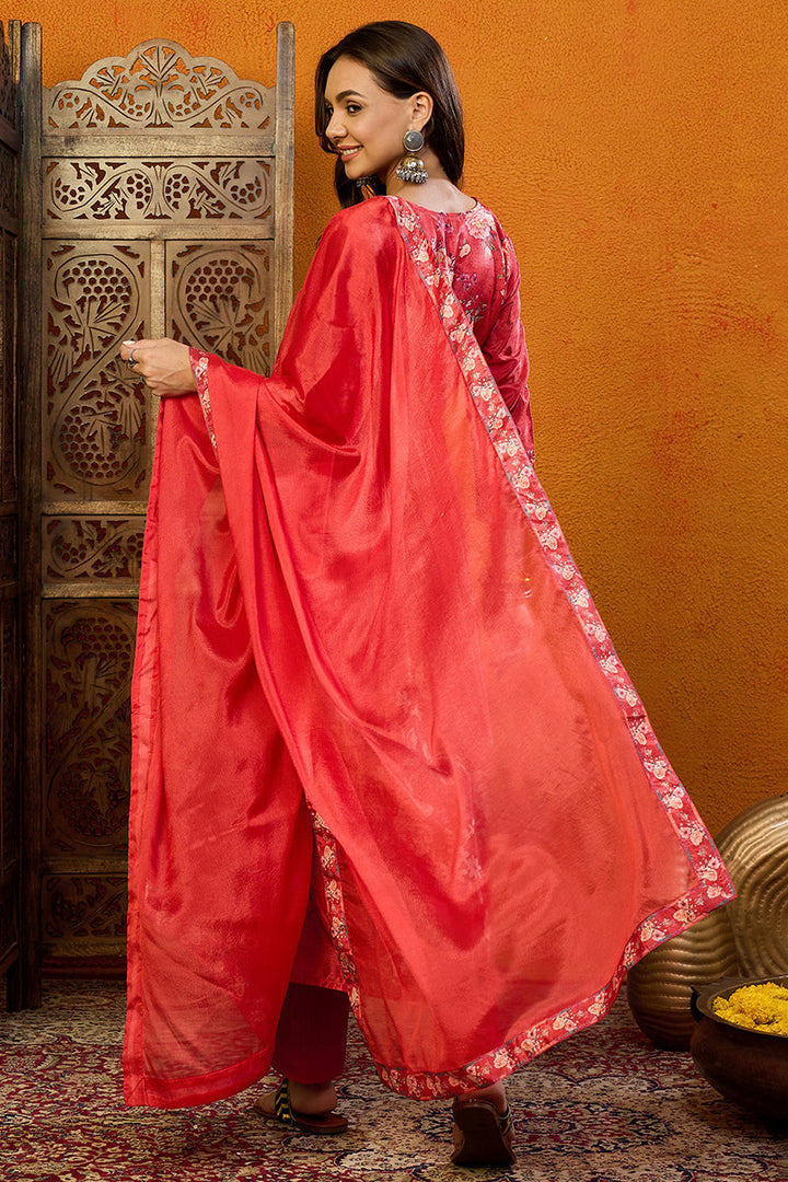 Red-Silk-Blend-Floral-Printed-A-Line-Set