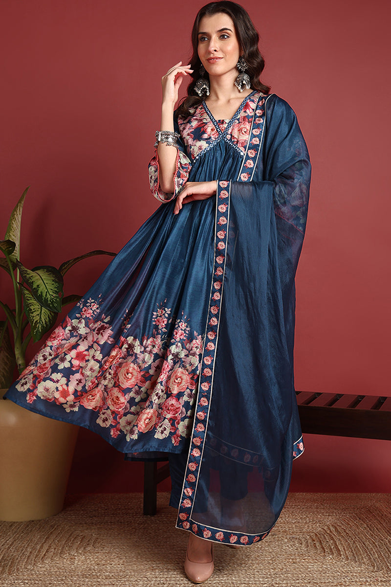 Blue-Silk-Blend-Floral-Printed-A-Line-Set