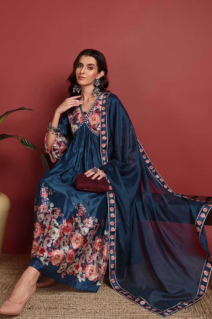 Blue-Silk-Blend-Floral-Printed-A-Line-Set