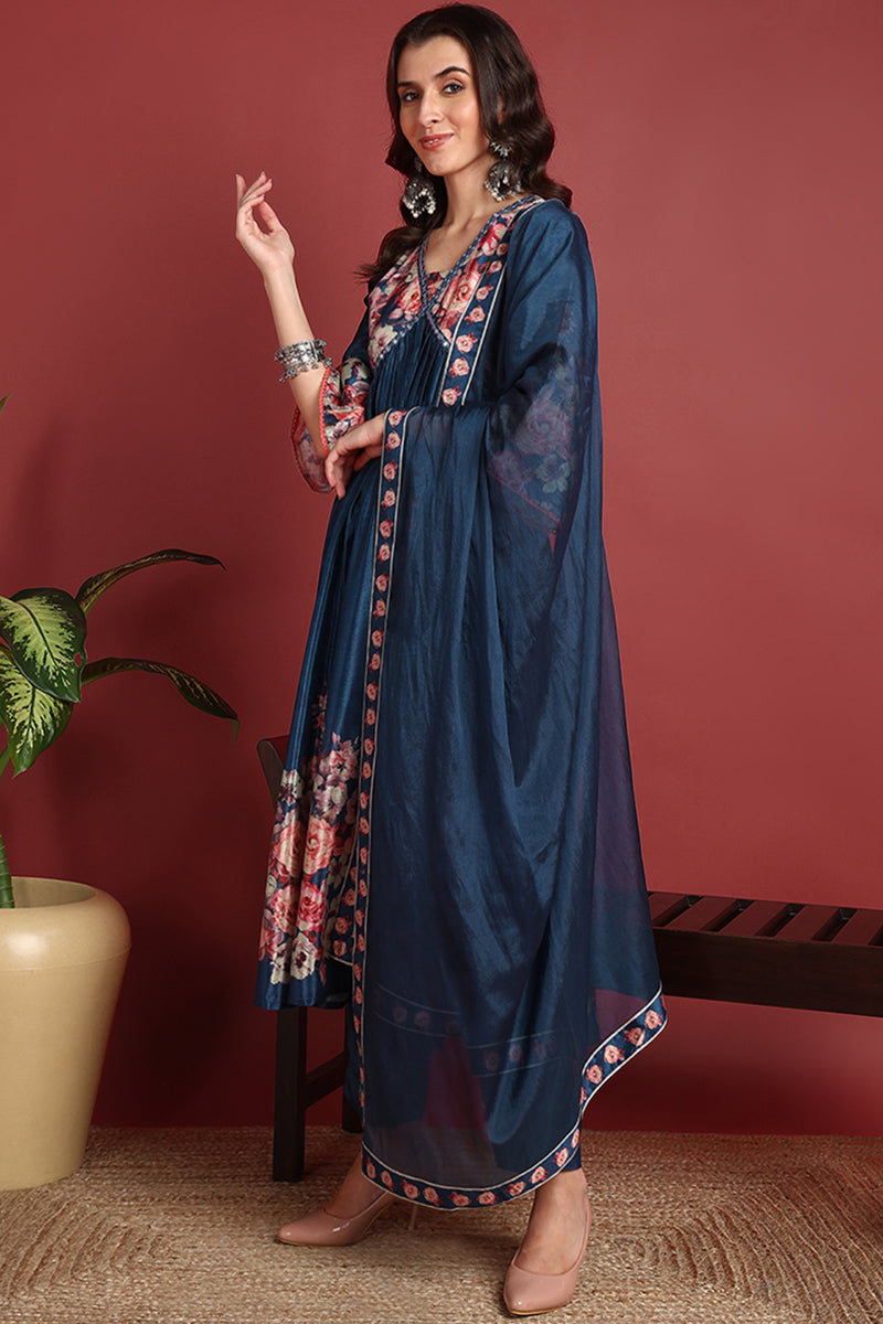 Blue-Silk-Blend-Floral-Printed-A-Line-Set