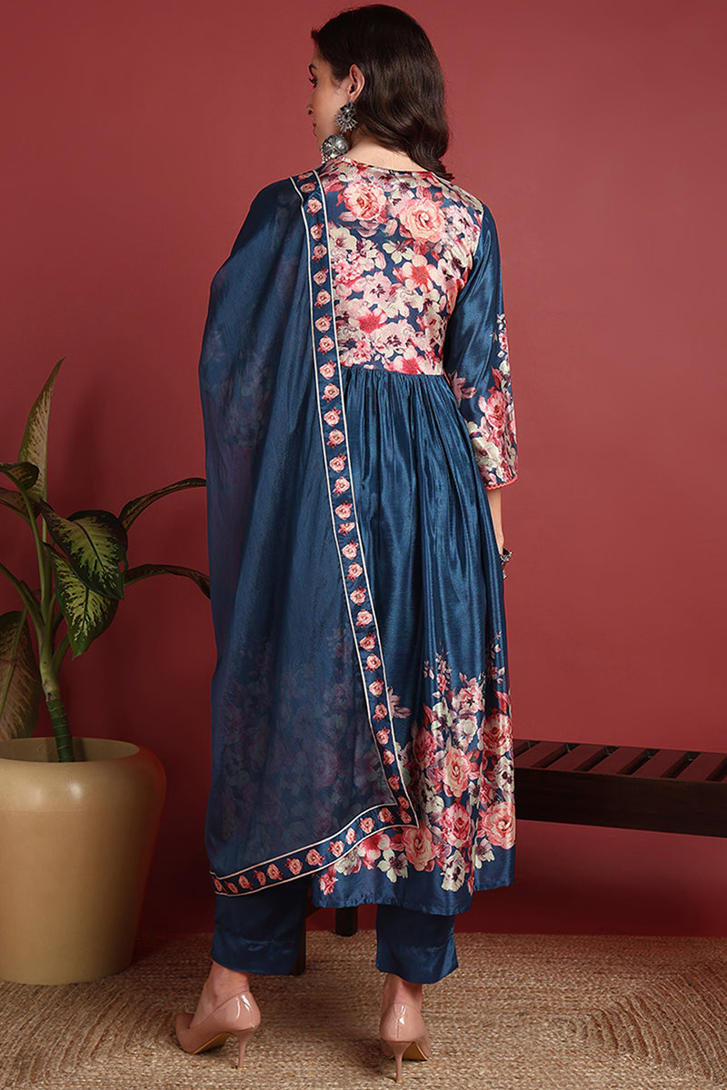 Blue-Silk-Blend-Floral-Printed-A-Line-Set
