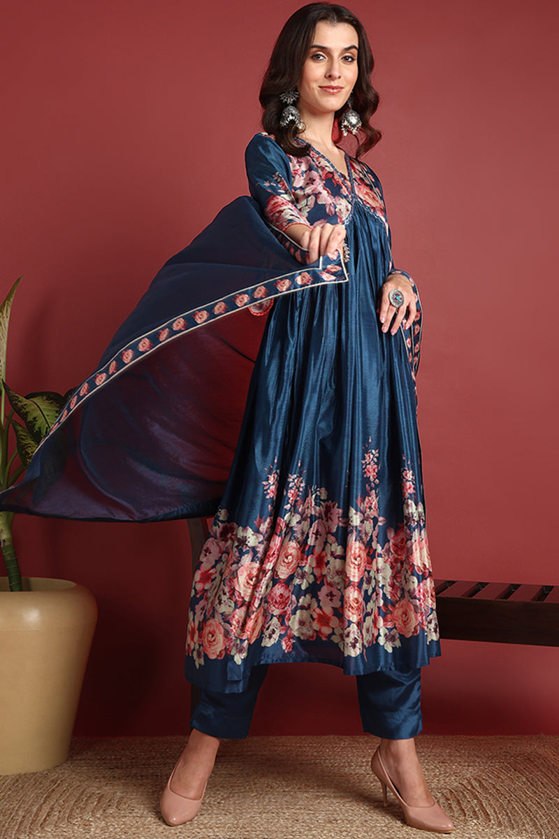Blue-Silk-Blend-Floral-Printed-A-Line-Set