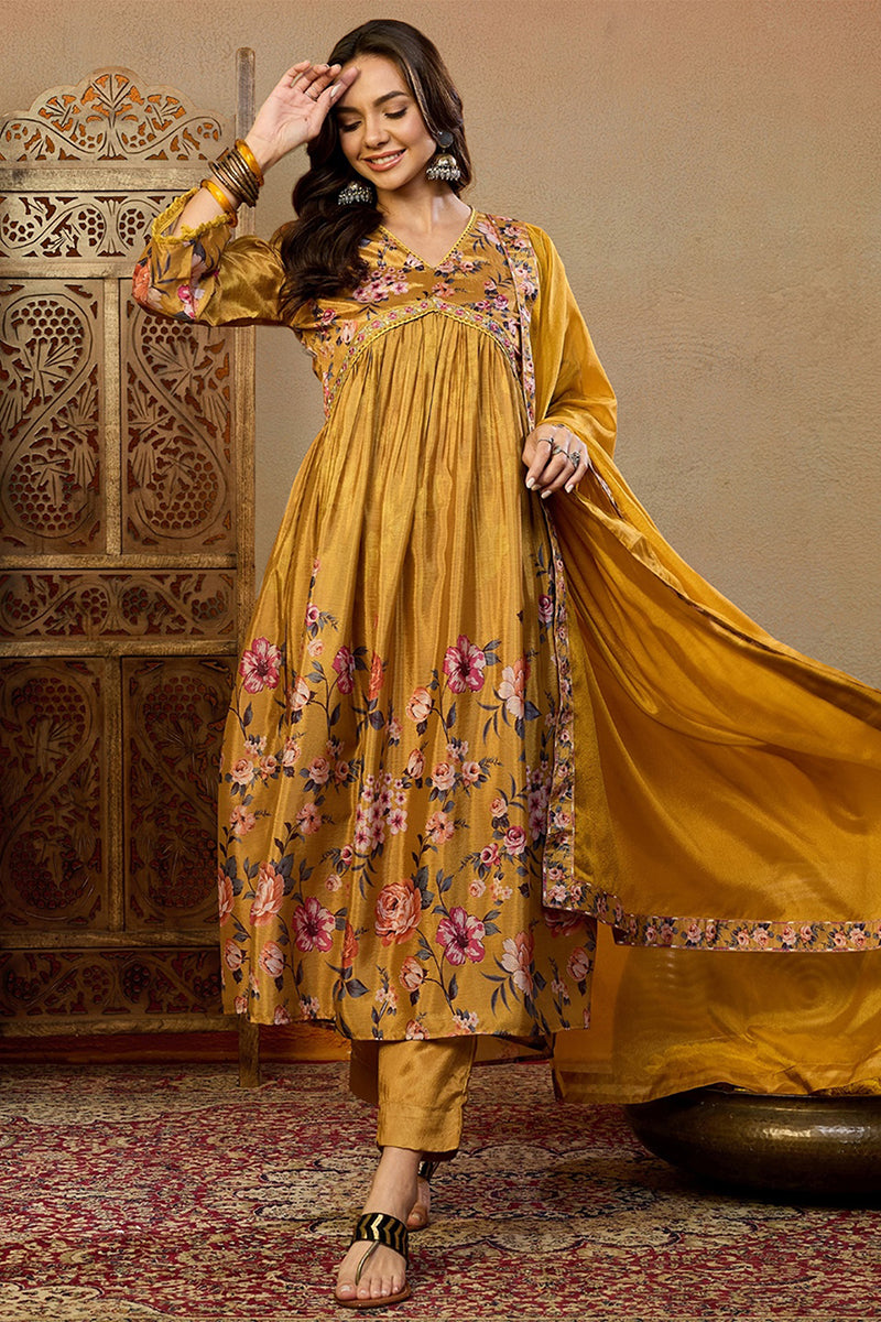 Mustard-Silk-Blend-Floral-Printed-A-Line-Set
