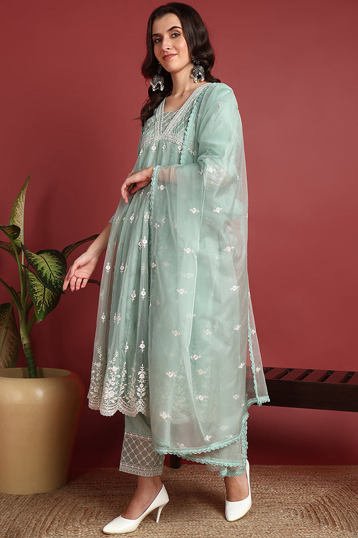Sea-Green-Organza-Solid-Embroidered-Anarkali-Set