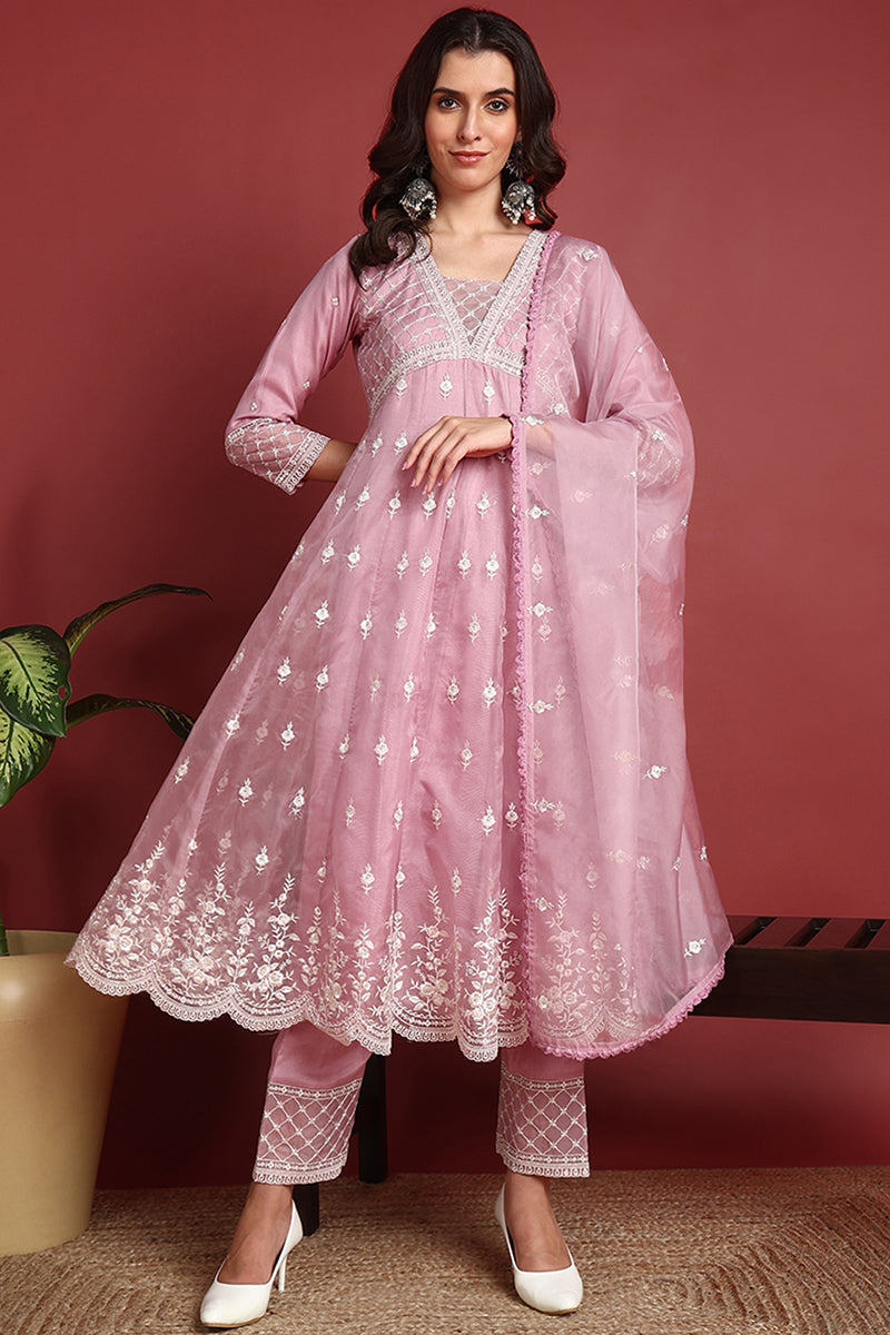 Pink-Organza-Solid-Embroidered-Anarkali-Set